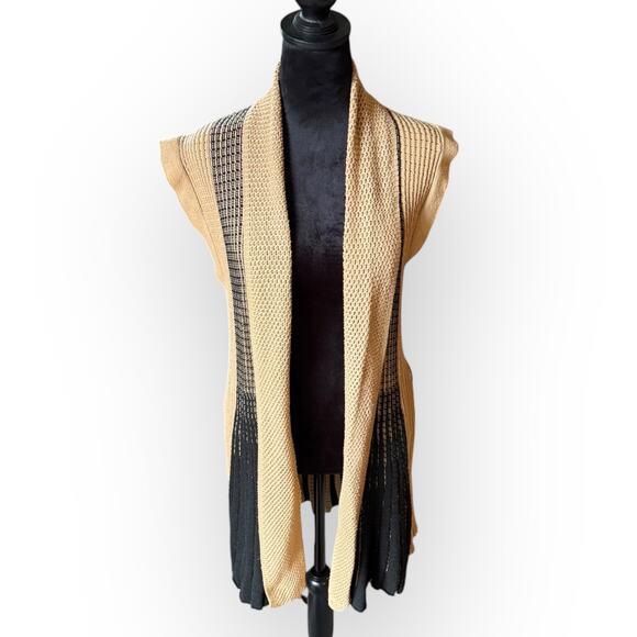 Women's Beige & Black Striped Knit Open Front Cardigan Sweater Size Medium - Picture 1 of 16